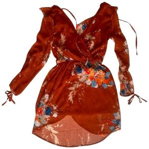 BAND OF GYPSIES Orange Rust and Blue Floral Boho Wrap Dress Size S